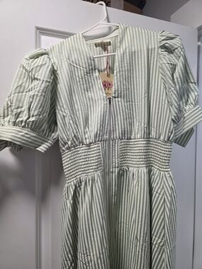 Light Green Striped Dress with Smocked Waist